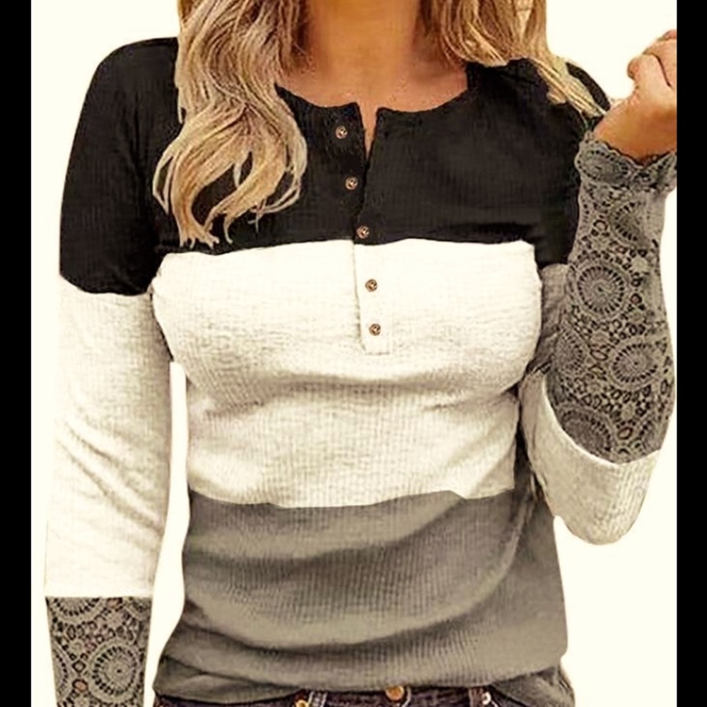 COLOR BLOCK SPLICED LACE SLEEVE RIBBED TOP size XXL